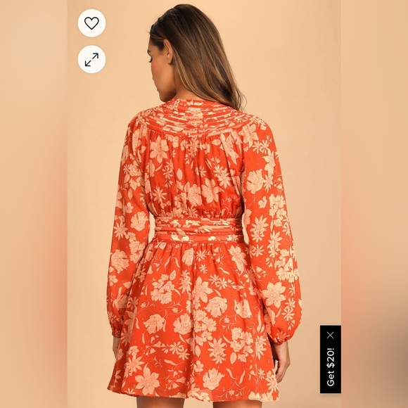 LULU’s Rust Orange Floral Print Long Sleeve Mini Dress SIZE: SMALL - Picture 4 of 14